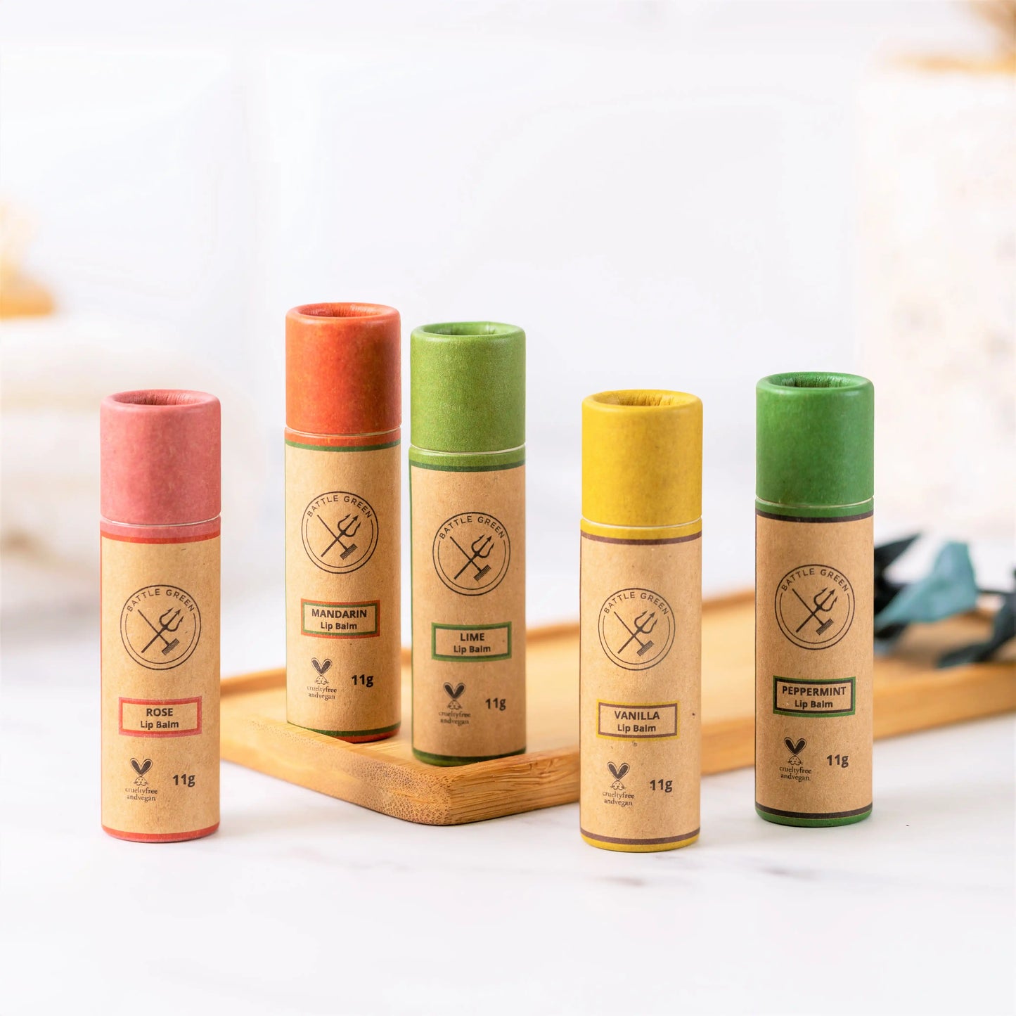 Battle Green organic vegan lip balm - rose/mint/vanilla/mandarin/lime